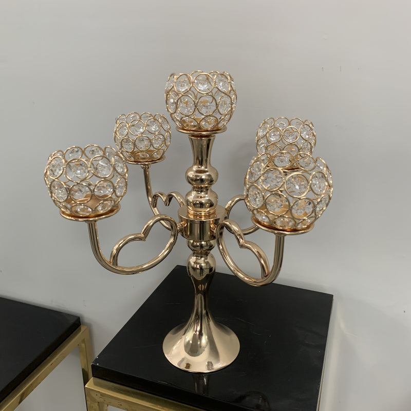 1pc Elegant 5-Arm Metal Candle Holder with Heart Design - Romantic Golden & Silver Finish, Perfect for Weddings, Christmas, Graduations, Birthdays