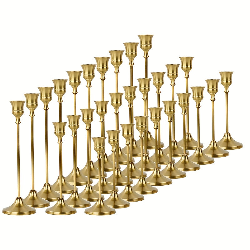 30pcs Elegant Golden Candle Holders, Taper Candles, Antique Brass Candlesticks Suitable for Birthday, Wedding, Fireplace Party Dining Home Anniversary Decorations