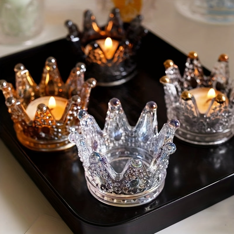 4pcs Transparent Gold-Trace Glass Small Round Crown Candlestick Set