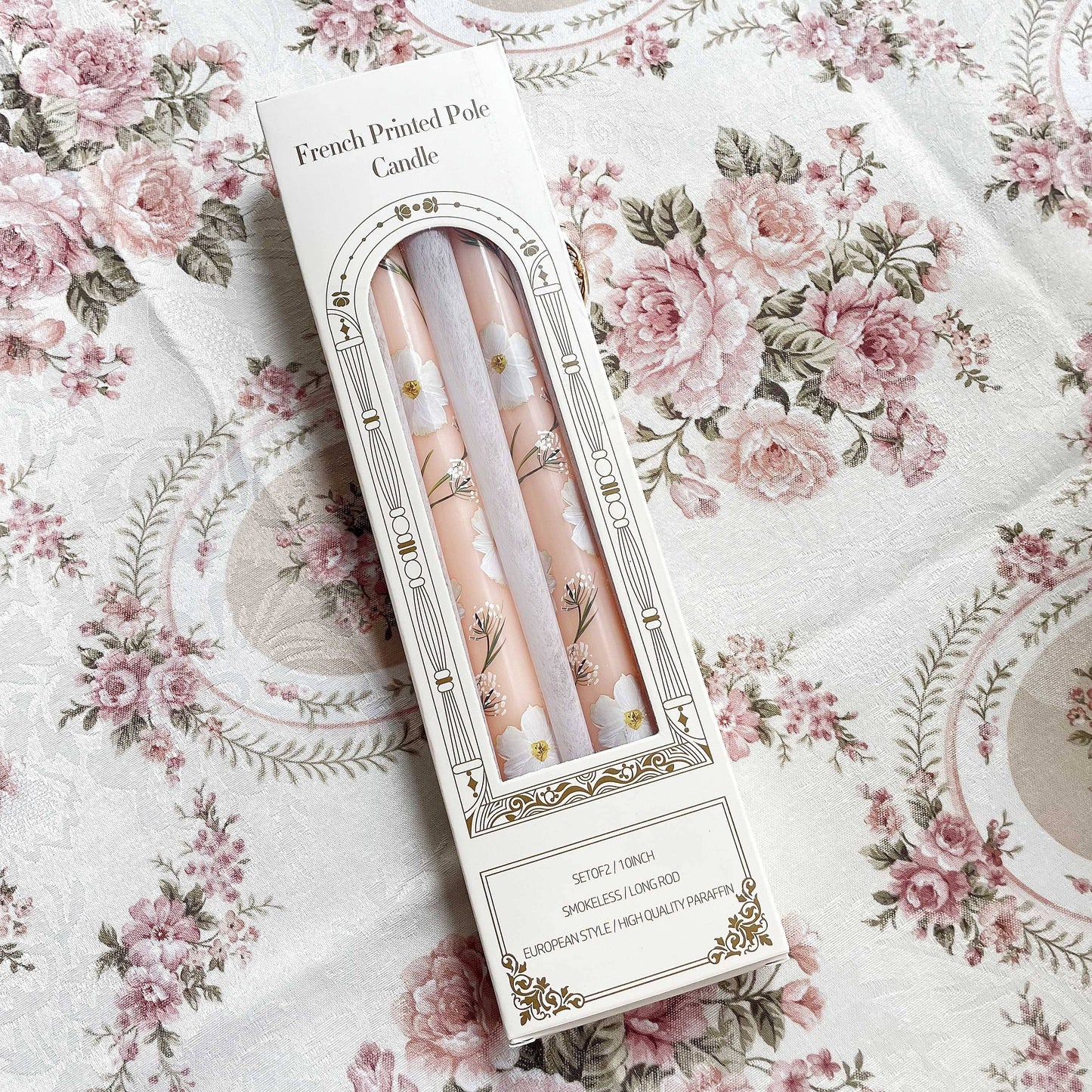 2-Pack 24.99cm European Floral Print Long Candle Sticks, Smokeless Wax Candles for Romantic Dinner, Wedding, Holiday, Birthday, Home Decor, Round with Sparkle