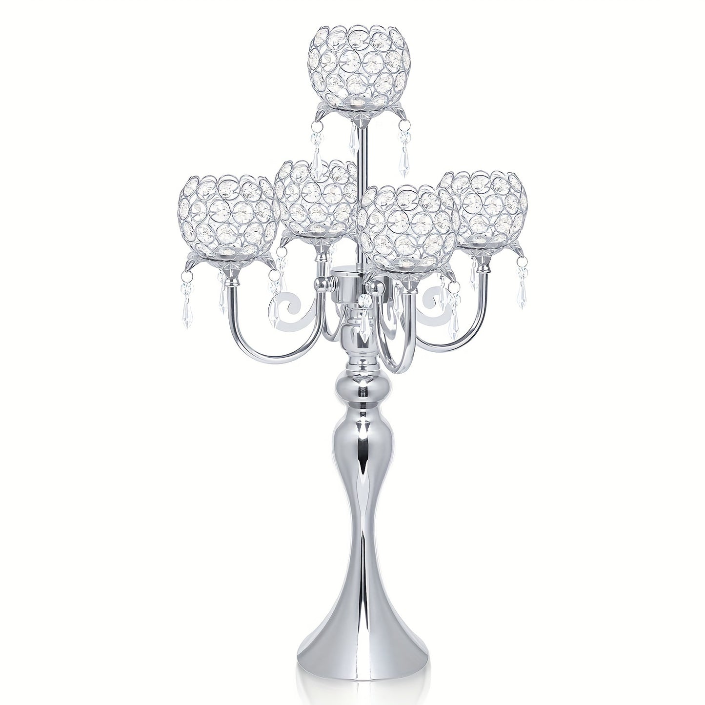1pc/2pcs 5-arm Golden/Silvery Crystal Candle Holder, Wedding Centerpiece Decoration 22.5-inch Center Candlestick Table Top Candle Holder