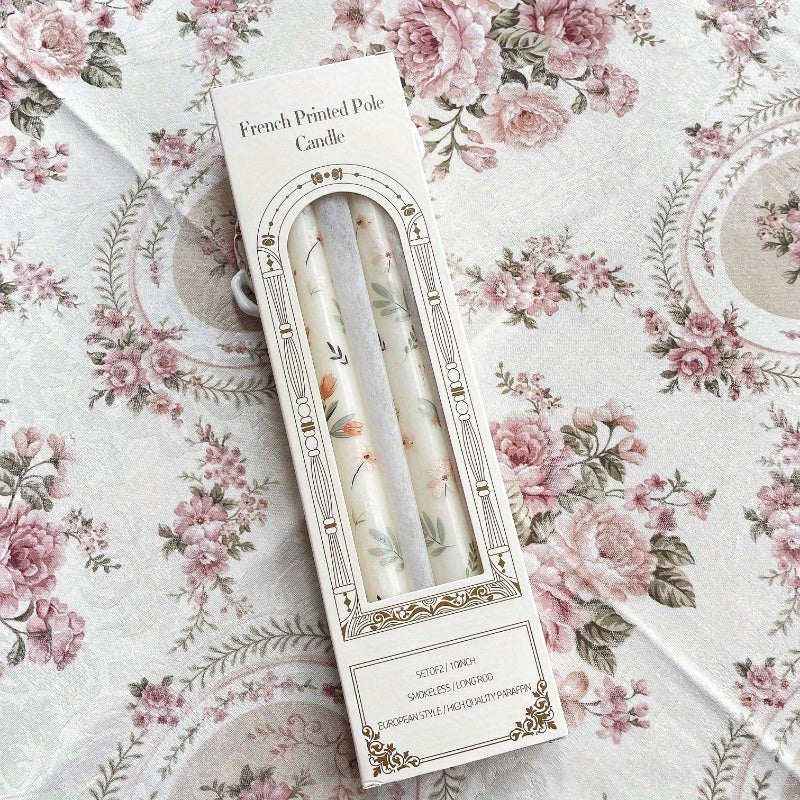 2-Pack 24.99cm European Floral Print Long Candle Sticks, Smokeless Wax Candles for Romantic Dinner, Wedding, Holiday, Birthday, Home Decor, Round with Sparkle