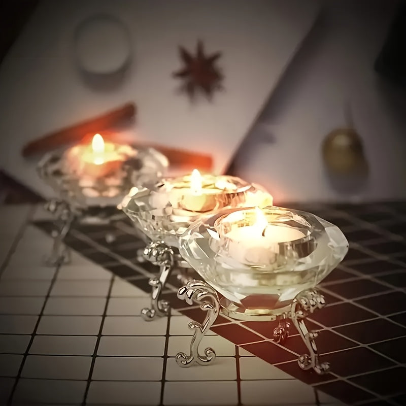 Elegant 2pcs K9 Crystal Diamond Candle Holder Set with Polished Metal Stand