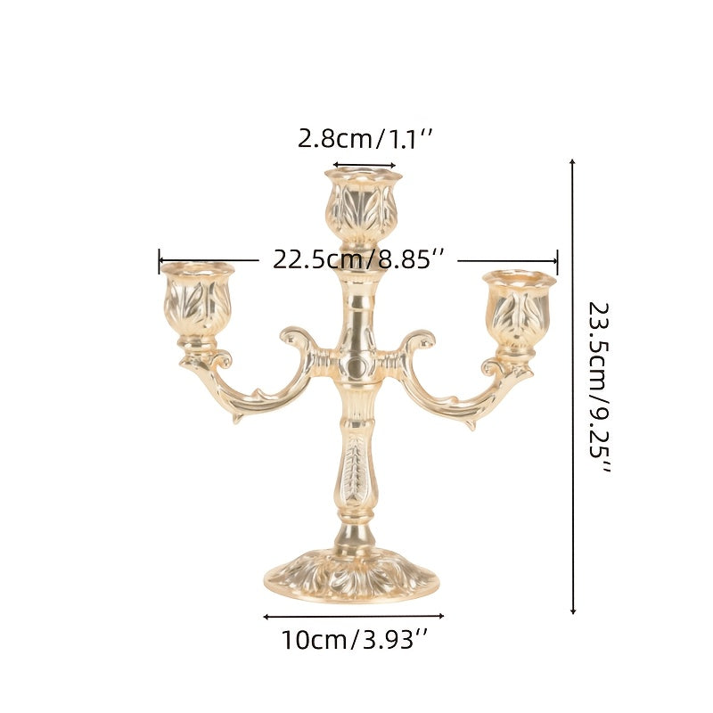 Golden Luxury Candle Holder, Elegant 3-Arm European Cone-Shaped Candelabra for Home Dining Table, Wedding Centerpiece, Christmas Gift (Candles Not Included)