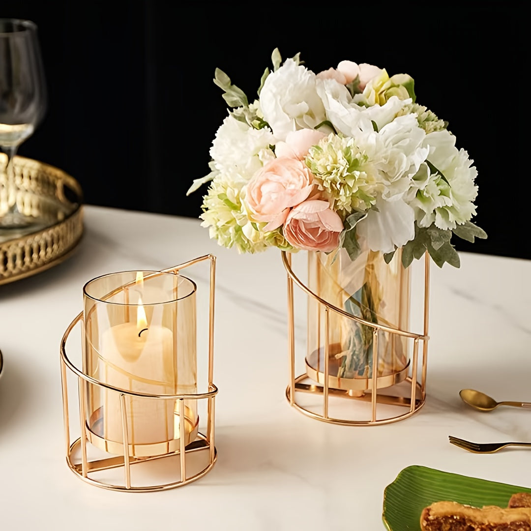 Modern Golden Metal Candle Holders with Intricate Cut-Out Design - Elegant Tabletop Decor for Weddings, Parties, and Home Living Room
