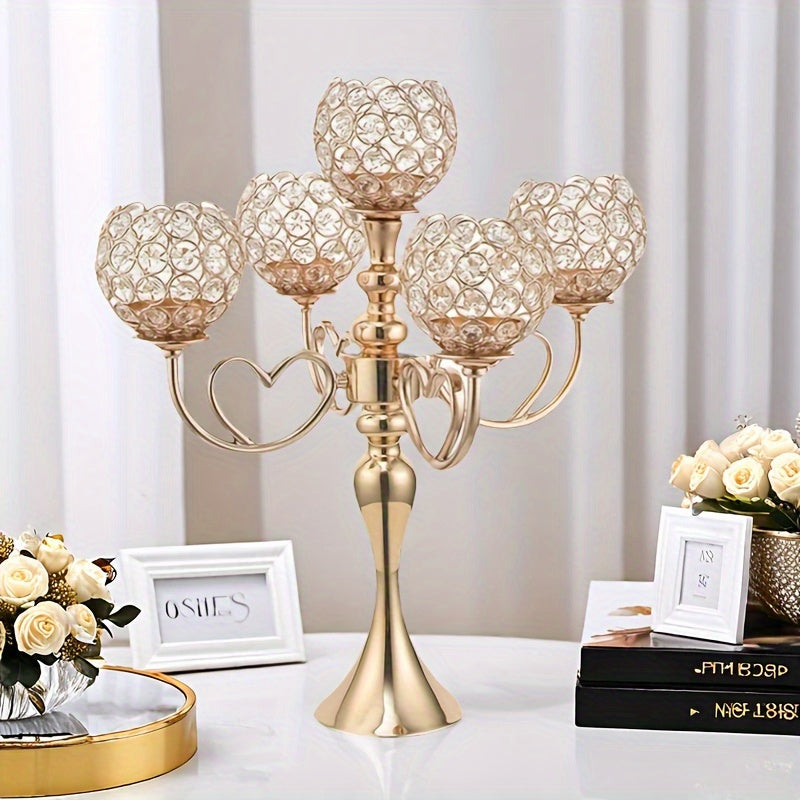 1pc Elegant 5-Arm Metal Candle Holder with Heart Design - Romantic Golden & Silver Finish, Perfect for Weddings, Christmas, Graduations, Birthdays