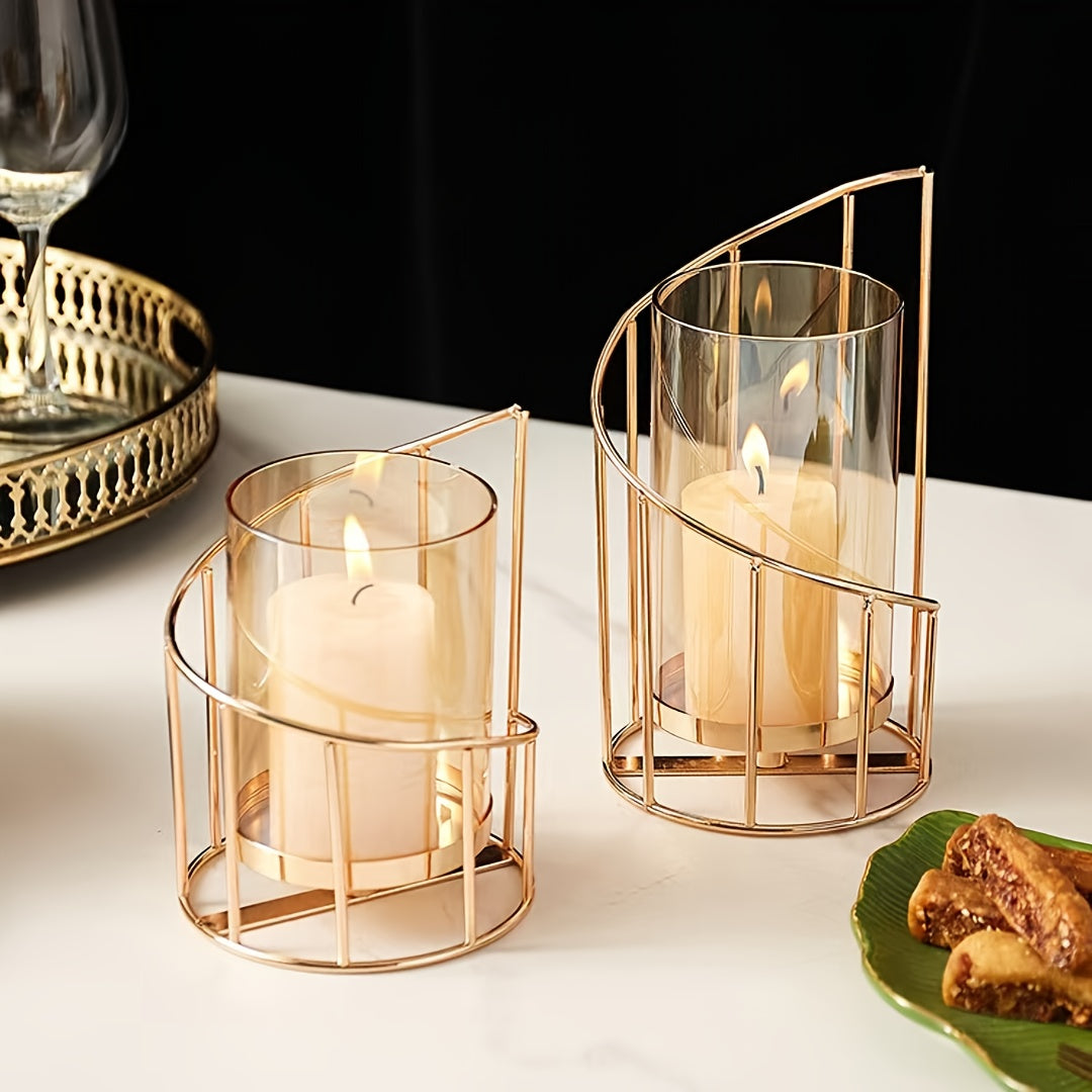 Modern Golden Metal Candle Holders with Intricate Cut-Out Design - Elegant Tabletop Decor for Weddings, Parties, and Home Living Room