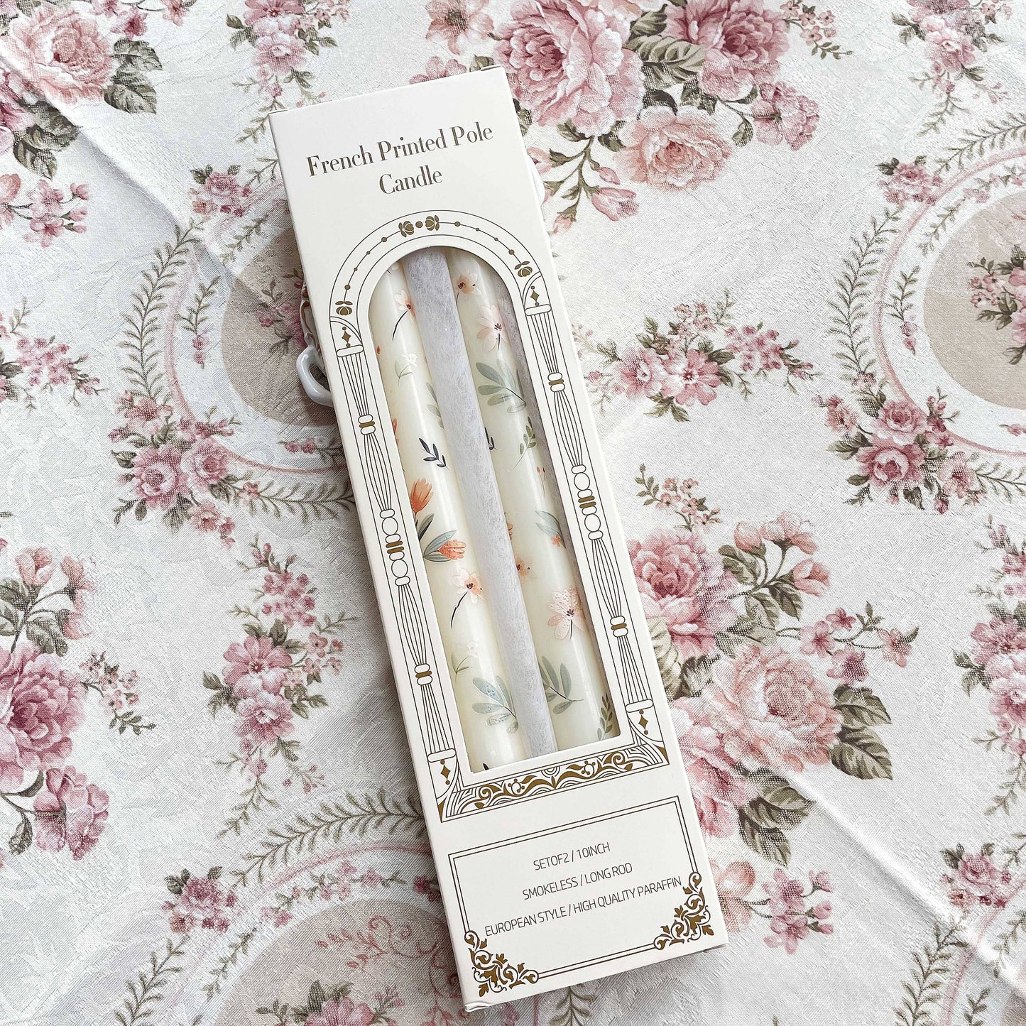 2-Pack 24.99cm European Floral Print Long Candle Sticks, Smokeless Wax Candles for Romantic Dinner, Wedding, Holiday, Birthday, Home Decor, Round with Sparkle