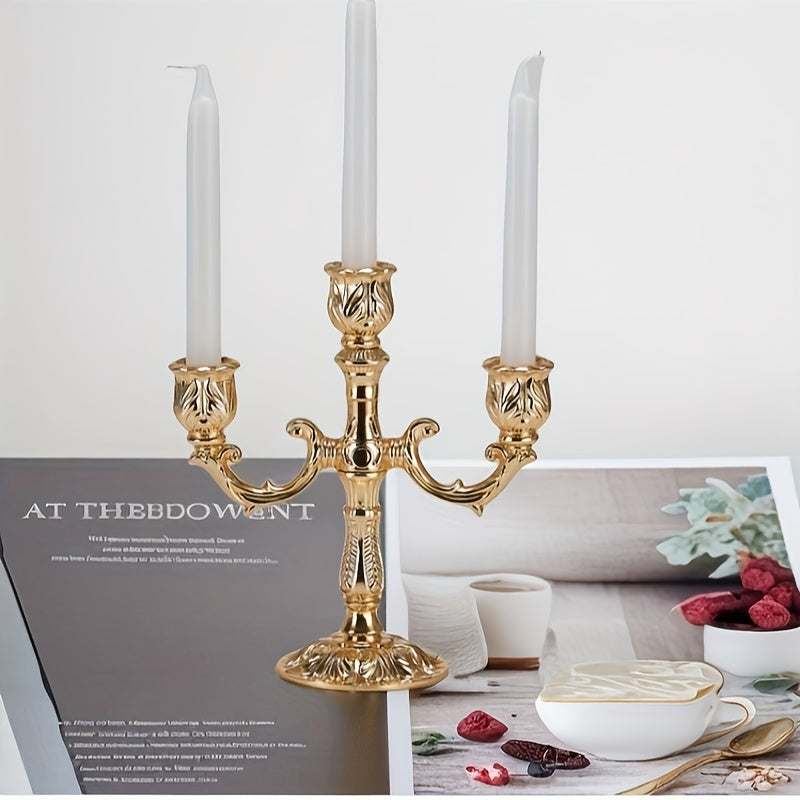 Golden Luxury Candle Holder, Elegant 3-Arm European Cone-Shaped Candelabra for Home Dining Table, Wedding Centerpiece, Christmas Gift (Candles Not Included)