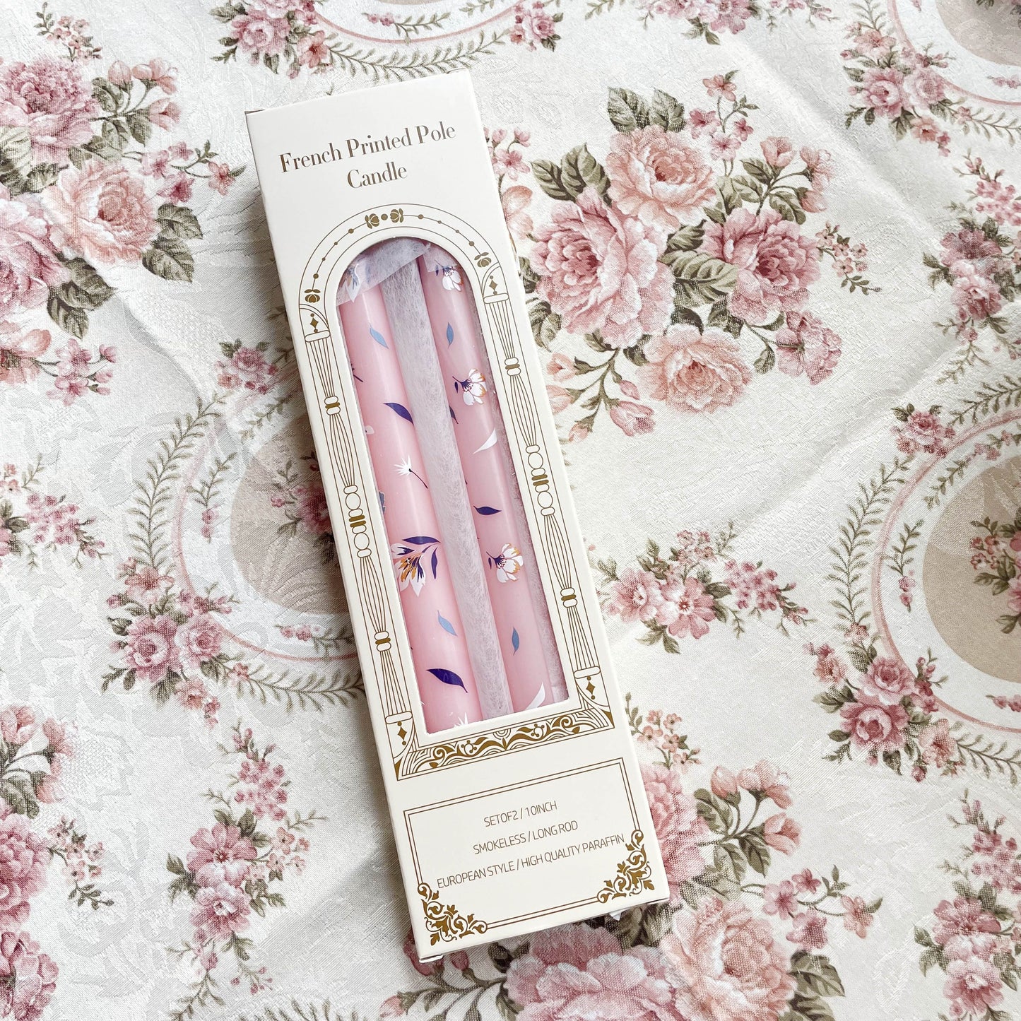 2-Pack 24.99cm European Floral Print Long Candle Sticks, Smokeless Wax Candles for Romantic Dinner, Wedding, Holiday, Birthday, Home Decor, Round with Sparkle