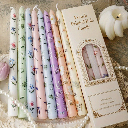 2-Pack 24.99cm European Floral Print Long Candle Sticks, Smokeless Wax Candles for Romantic Dinner, Wedding, Holiday, Birthday, Home Decor, Round with Sparkle