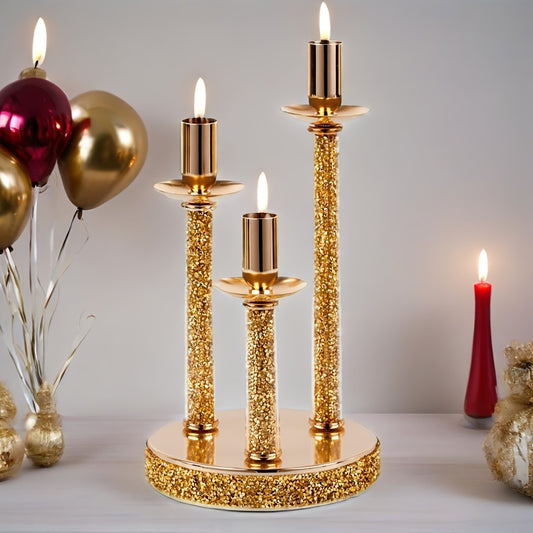Luxury 3-Arm Metal Candle Holder with Golden Glitter Accents - Oil-Rubbed Finish Tabletop Decor