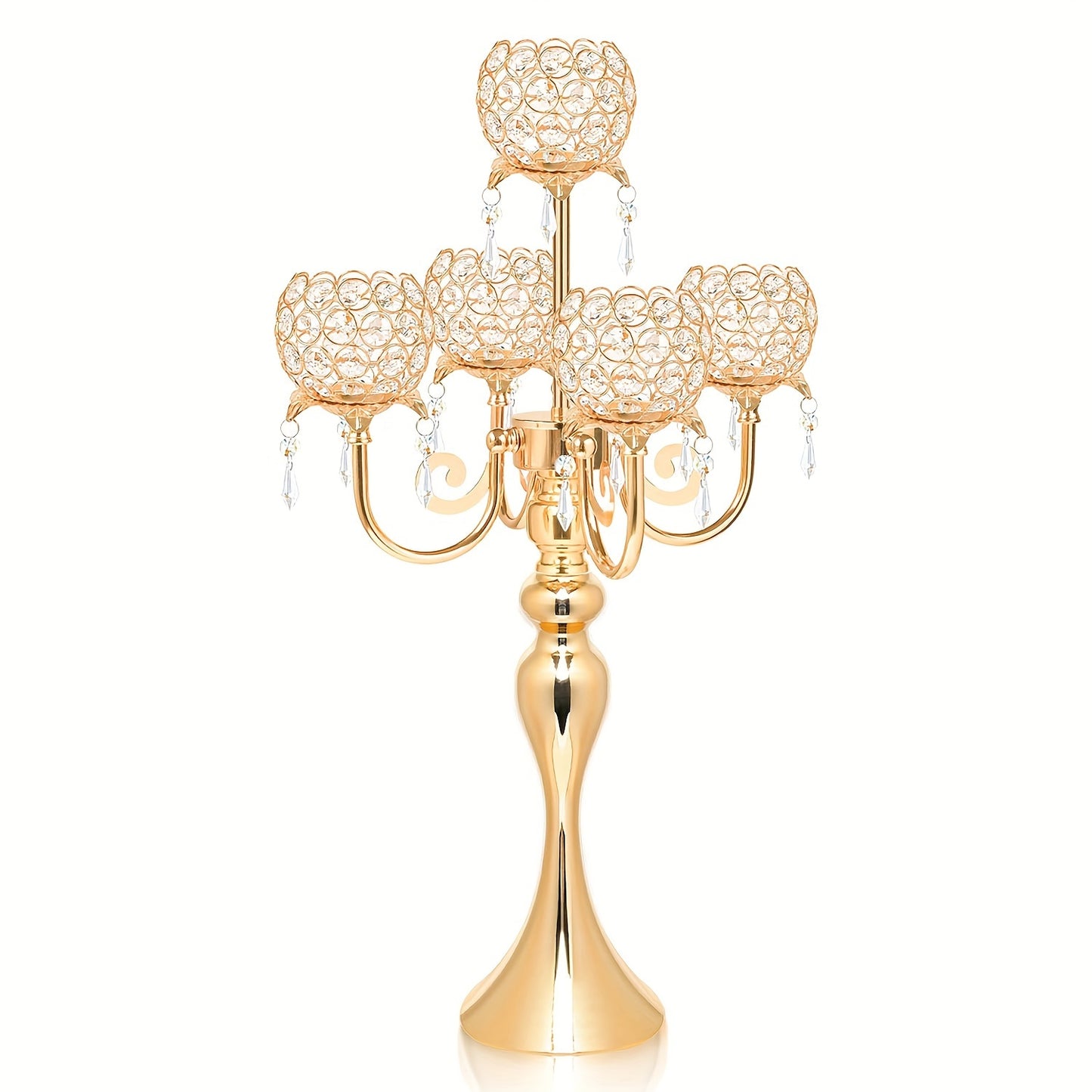 1pc/2pcs 5-arm Golden/Silvery Crystal Candle Holder, Wedding Centerpiece Decoration 22.5-inch Center Candlestick Table Top Candle Holder