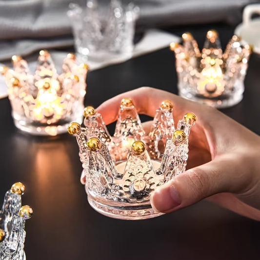 4pcs Transparent Gold-Trace Glass Small Round Crown Candlestick Set