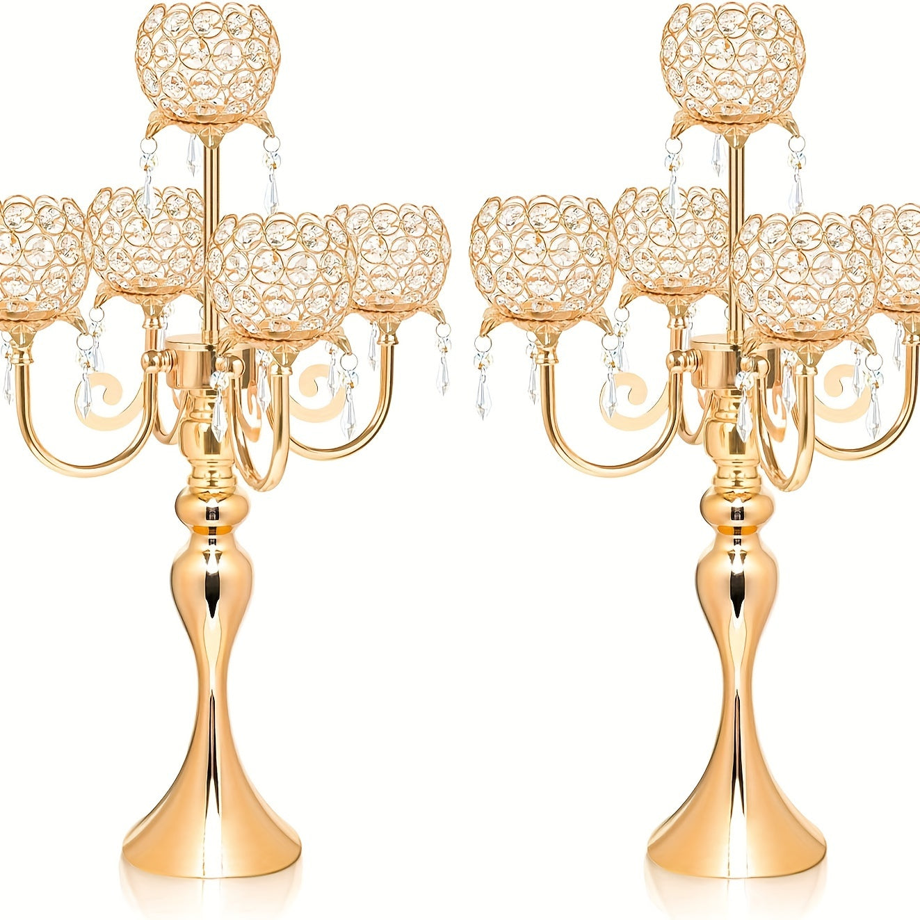 1pc/2pcs 5-arm Golden/Silvery Crystal Candle Holder, Wedding Centerpiece Decoration 22.5-inch Center Candlestick Table Top Candle Holder