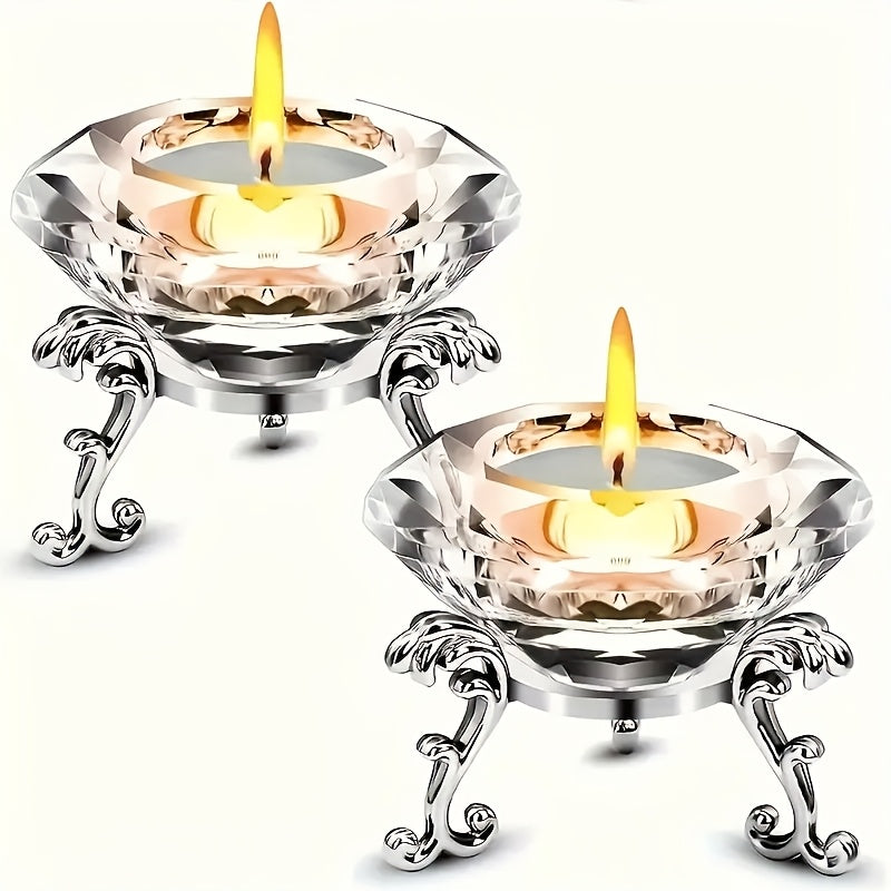 Elegant 2pcs K9 Crystal Diamond Candle Holder Set with Polished Metal Stand