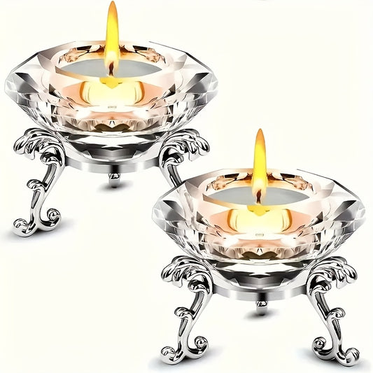 Elegant 2pcs K9 Crystal Diamond Candle Holder Set with Polished Metal Stand