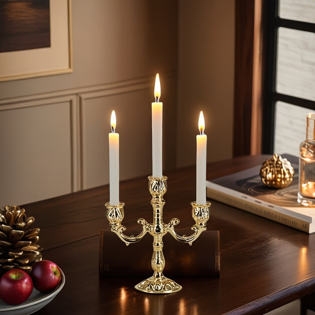 Golden Luxury Candle Holder, Elegant 3-Arm European Cone-Shaped Candelabra for Home Dining Table, Wedding Centerpiece, Christmas Gift (Candles Not Included)