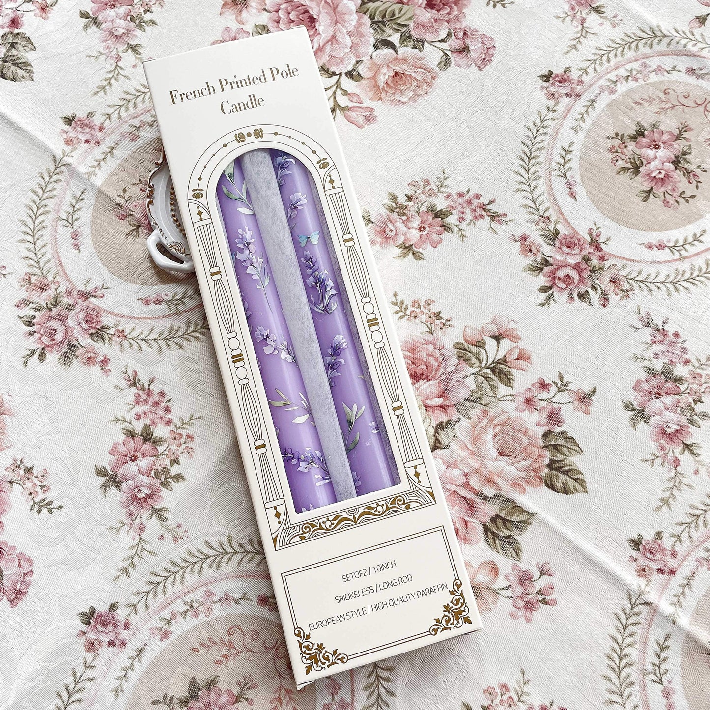 2-Pack 24.99cm European Floral Print Long Candle Sticks, Smokeless Wax Candles for Romantic Dinner, Wedding, Holiday, Birthday, Home Decor, Round with Sparkle