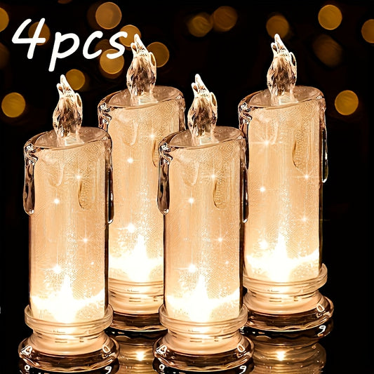 4pcs Realistic Flickering LED Flameless Candles with Battery - Transparent Gap Column Design, Safe Plastic for Family Dinners, Weddings, Holidays