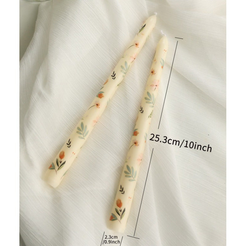 2-Pack 24.99cm European Floral Print Long Candle Sticks, Smokeless Wax Candles for Romantic Dinner, Wedding, Holiday, Birthday, Home Decor, Round with Sparkle