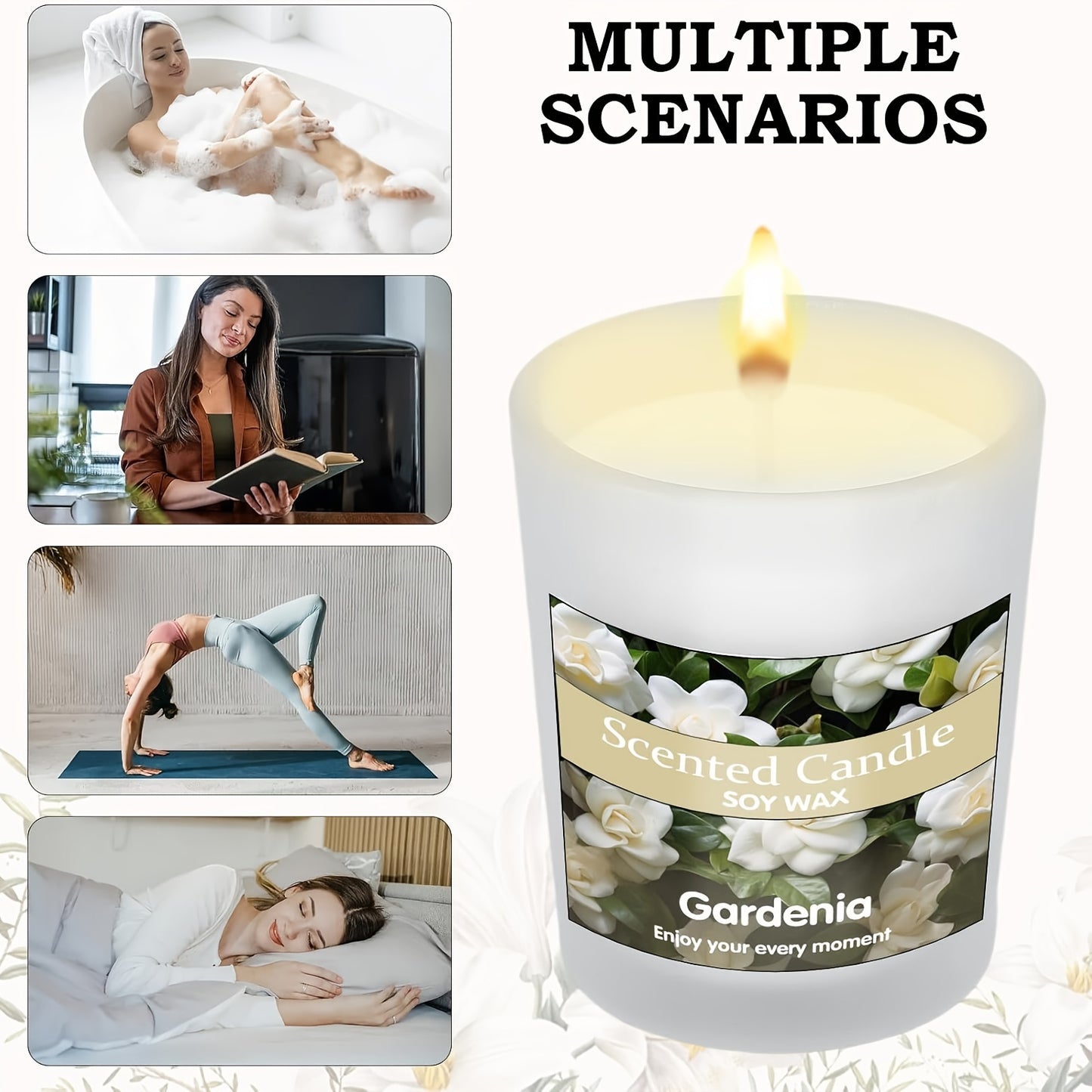 Luxury Soy Wax Aromatherapy Candle Set with six soothing fragrances—Jasmine, Lavender, Vanilla, Gardenia, Lemon, and Rose. Long-lasting 120-hour burn time, perfect for home scenting and elegant gifting for women and men on special occasions.