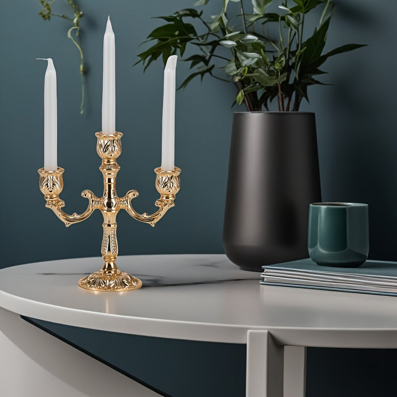 Golden Luxury Candle Holder, Elegant 3-Arm European Cone-Shaped Candelabra for Home Dining Table, Wedding Centerpiece, Christmas Gift (Candles Not Included)