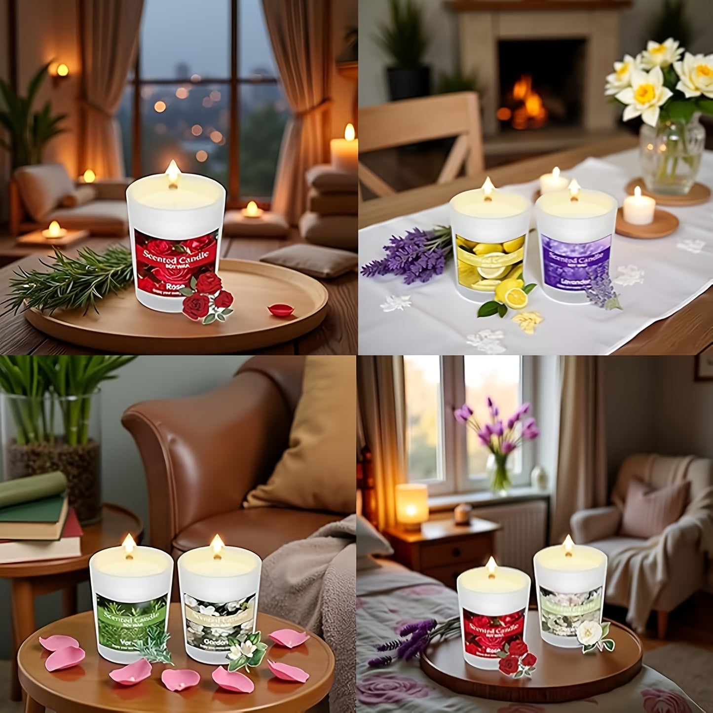 Luxury Soy Wax Aromatherapy Candle Set with six soothing fragrances—Jasmine, Lavender, Vanilla, Gardenia, Lemon, and Rose. Long-lasting 120-hour burn time, perfect for home scenting and elegant gifting for women and men on special occasions.