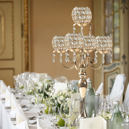 1pc/2pcs 5-arm Golden/Silvery Crystal Candle Holder, Wedding Centerpiece Decoration 22.5-inch Center Candlestick Table Top Candle Holder