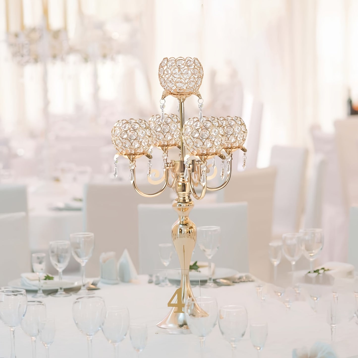 1pc/2pcs 5-arm Golden/Silvery Crystal Candle Holder, Wedding Centerpiece Decoration 22.5-inch Center Candlestick Table Top Candle Holder