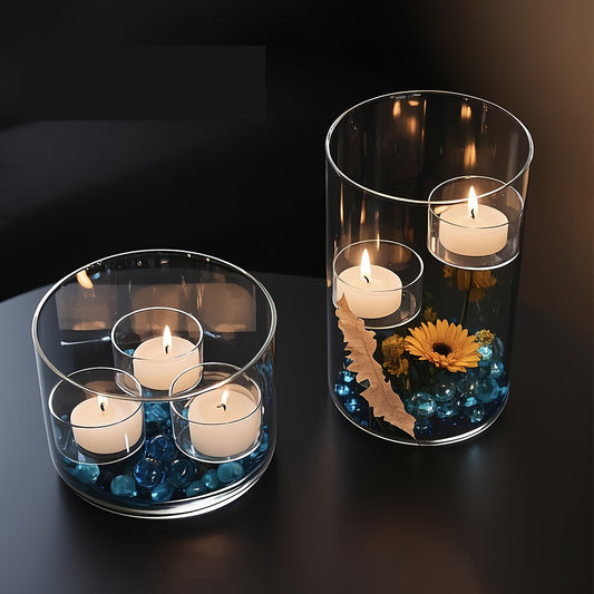 Cylinder Clear Glass Candle Holder - Modern Minimalist Table Centerpiece for Dining, Wedding, Anniversary Decor
