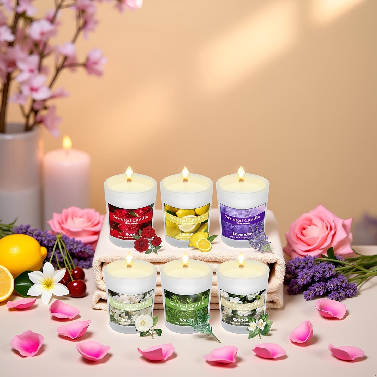 Luxury Soy Wax Aromatherapy Candle Set with six soothing fragrances—Jasmine, Lavender, Vanilla, Gardenia, Lemon, and Rose. Long-lasting 120-hour burn time, perfect for home scenting and elegant gifting for women and men on special occasions.