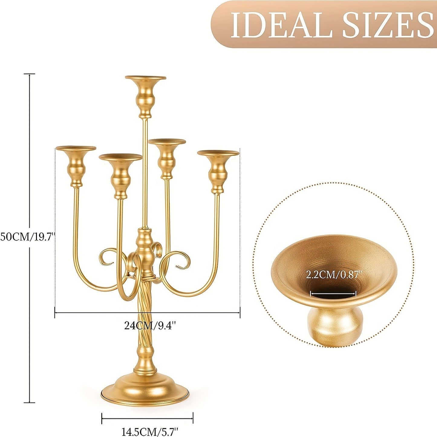 2pcs 50.04cm Gold Candelabra Centerpieces for Tables, Metal Tall Candle Holder for Taper Candles, 5 Arm Candlestick Holder for Wedding Centerpiece Decor Party Event Reception Decoration