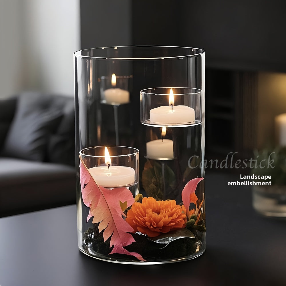 Cylinder Clear Glass Candle Holder - Modern Minimalist Table Centerpiece for Dining, Wedding, Anniversary Decor