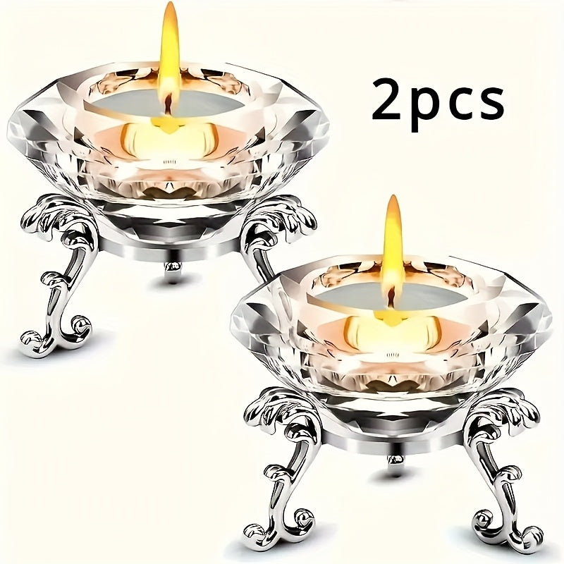 Elegant 2pcs K9 Crystal Diamond Candle Holder Set with Polished Metal Stand