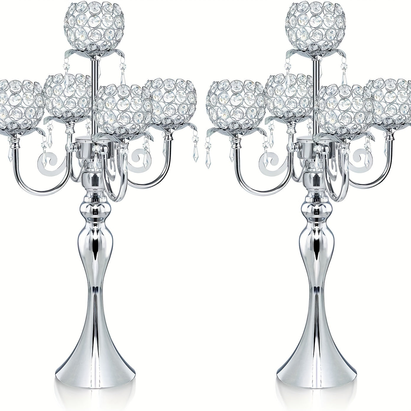 1pc/2pcs 5-arm Golden/Silvery Crystal Candle Holder, Wedding Centerpiece Decoration 22.5-inch Center Candlestick Table Top Candle Holder