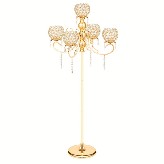 1pc 127.0cm Adjustable Height Metal Crystal Tealight Candlestick Holder with Crystal Bowl Accents & Pendants