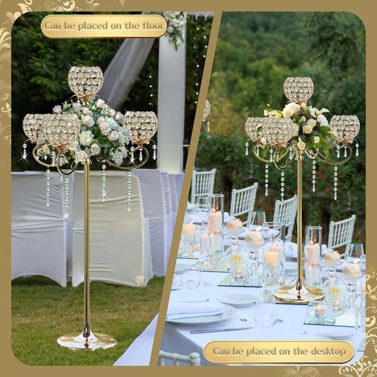 1pc 127.0cm Adjustable Height Metal Crystal Tealight Candlestick Holder with Crystal Bowl Accents & Pendants
