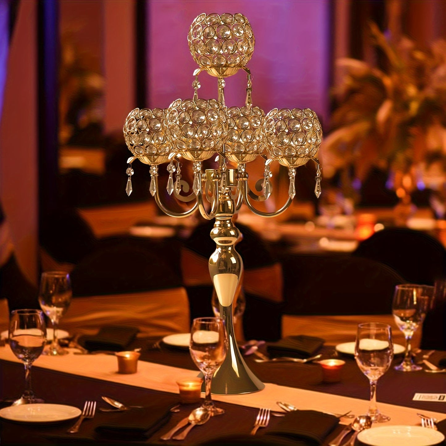 1pc/2pcs 5-arm Golden/Silvery Crystal Candle Holder, Wedding Centerpiece Decoration 22.5-inch Center Candlestick Table Top Candle Holder